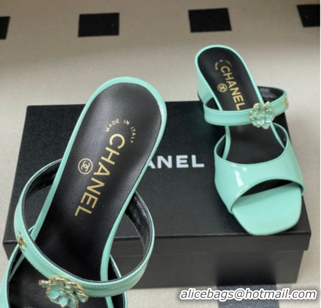 Charming Chanel Patent Calfskin Leather Heel Slides Sandal 4.5cm with Camellia CH030613 Green 2026