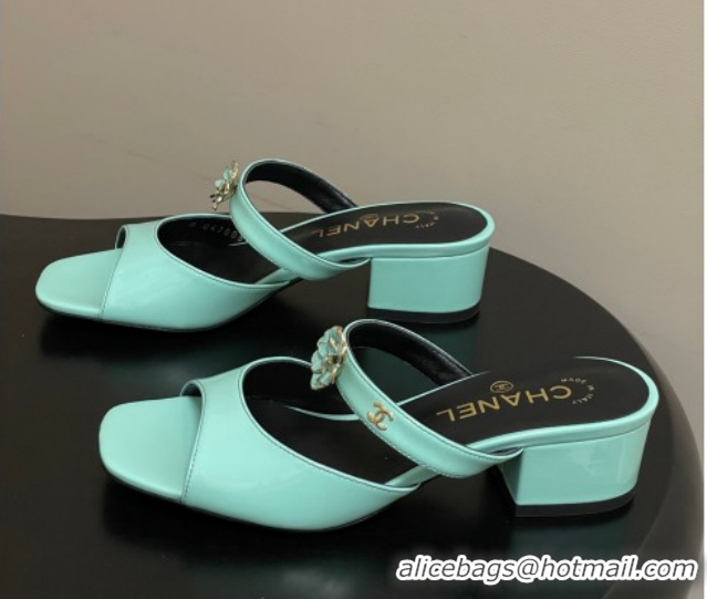 Charming Chanel Patent Calfskin Leather Heel Slides Sandal 4.5cm with Camellia CH030613 Green 2026