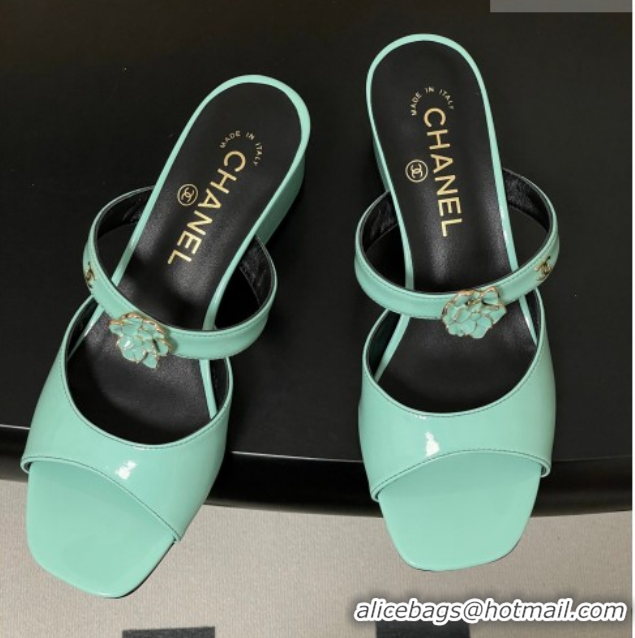 Charming Chanel Patent Calfskin Leather Heel Slides Sandal 4.5cm with Camellia CH030613 Green 2026