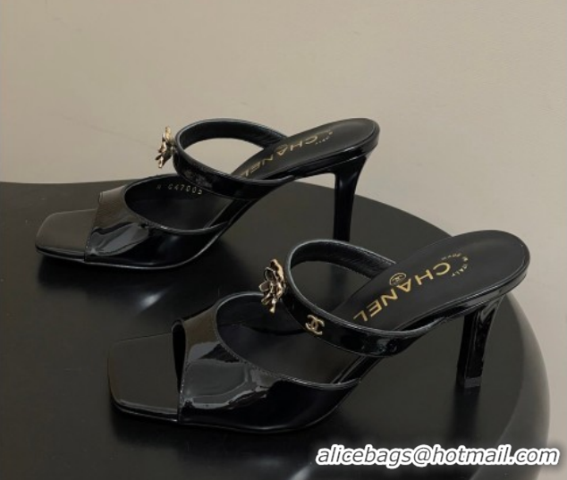 Top Design Chanel Patent Calfskin Leather Heel Slides Sandal 7.5cm with Camellia CH030613 Black 2026