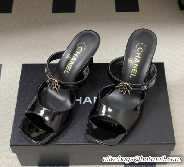 Top Design Chanel Patent Calfskin Leather Heel Slides Sandal 7.5cm with Camellia CH030613 Black 2026