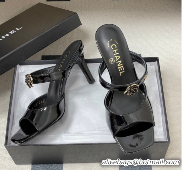 Top Design Chanel Patent Calfskin Leather Heel Slides Sandal 7.5cm with Camellia CH030613 Black 2026