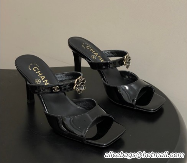 Top Design Chanel Patent Calfskin Leather Heel Slides Sandal 7.5cm with Camellia CH030613 Black 2026
