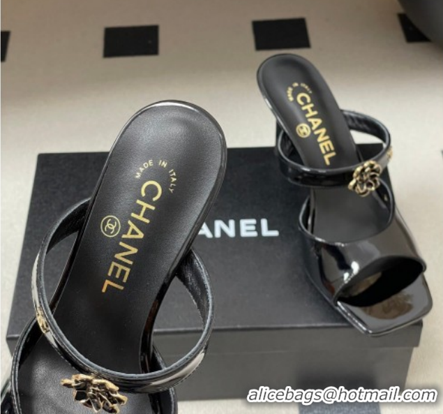 Top Design Chanel Patent Calfskin Leather Heel Slides Sandal 7.5cm with Camellia CH030613 Black 2026