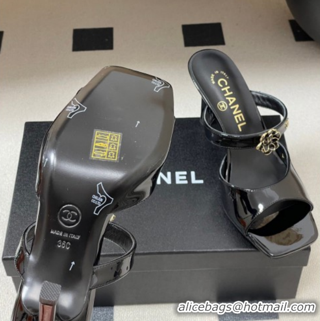 Top Design Chanel Patent Calfskin Leather Heel Slides Sandal 7.5cm with Camellia CH030613 Black 2026