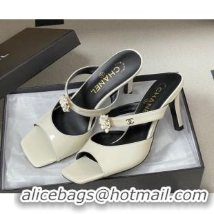 Purchase Chanel Patent Calfskin Leather Heel Slides Sandal 7.5cm with Camellia CH030613 White 2026