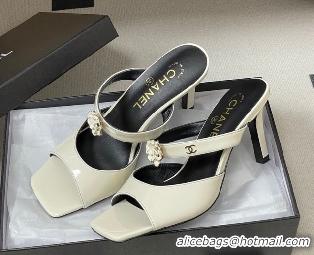 Purchase Chanel Patent Calfskin Leather Heel Slides Sandal 7.5cm with Camellia CH030613 White 2026