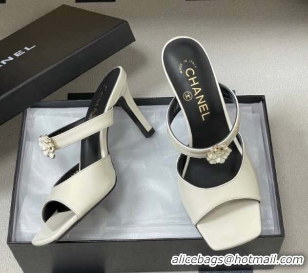 Purchase Chanel Patent Calfskin Leather Heel Slides Sandal 7.5cm with Camellia CH030613 White 2026