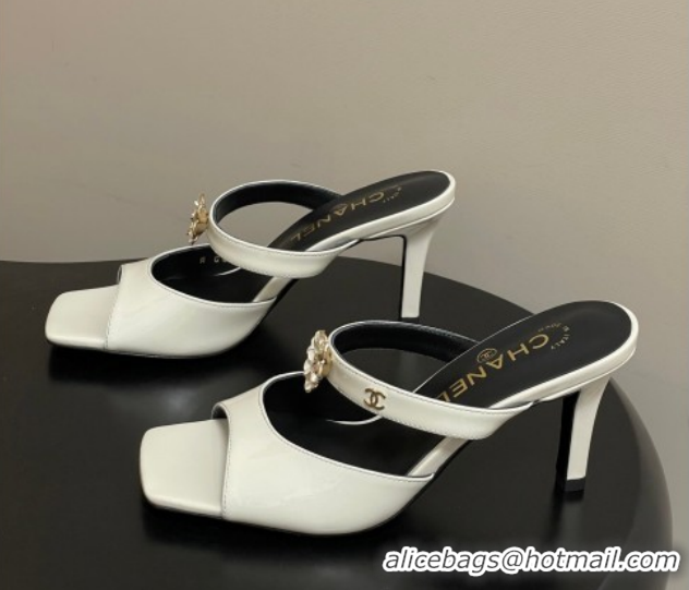 Purchase Chanel Patent Calfskin Leather Heel Slides Sandal 7.5cm with Camellia CH030613 White 2026