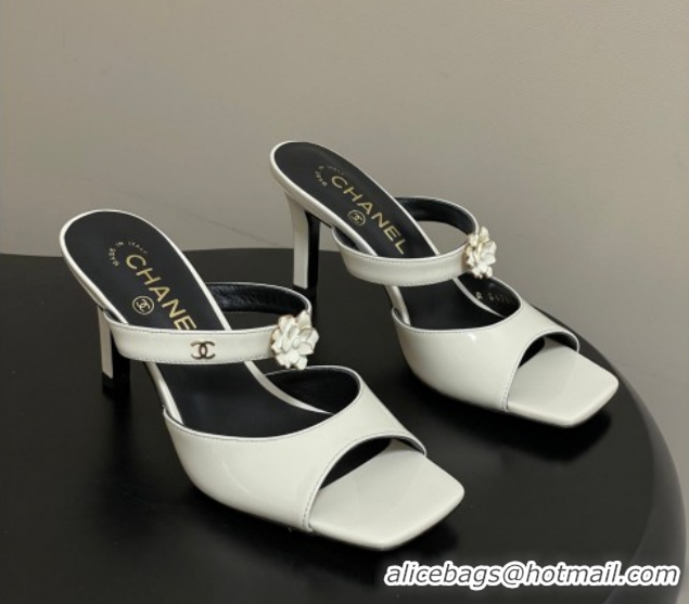 Purchase Chanel Patent Calfskin Leather Heel Slides Sandal 7.5cm with Camellia CH030613 White 2026