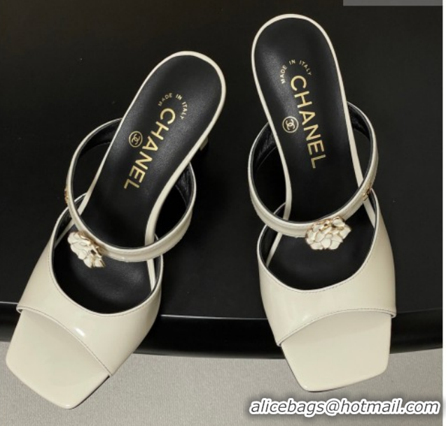 Purchase Chanel Patent Calfskin Leather Heel Slides Sandal 7.5cm with Camellia CH030613 White 2026