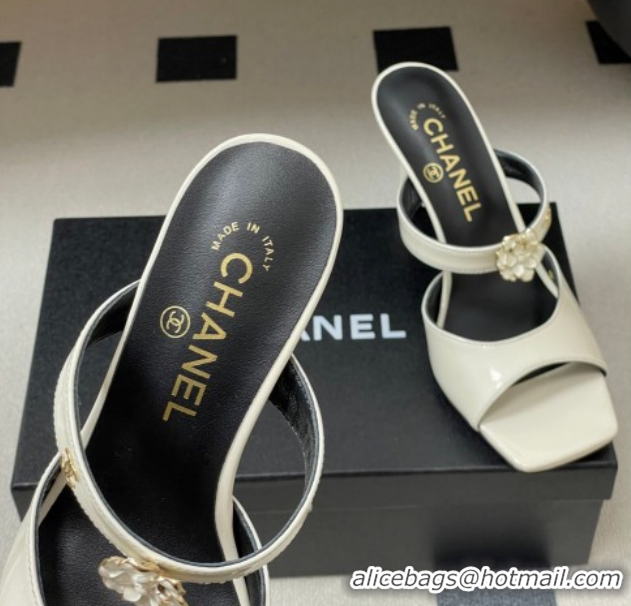 Purchase Chanel Patent Calfskin Leather Heel Slides Sandal 7.5cm with Camellia CH030613 White 2026