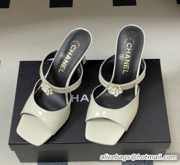 Purchase Chanel Patent Calfskin Leather Heel Slides Sandal 7.5cm with Camellia CH030613 White 2026