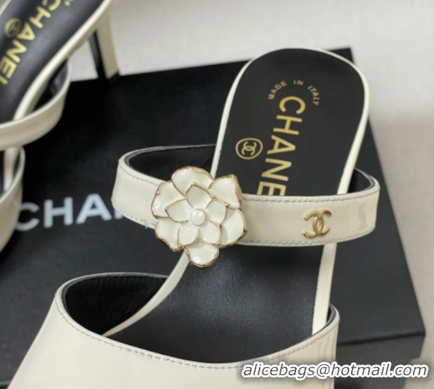 Purchase Chanel Patent Calfskin Leather Heel Slides Sandal 7.5cm with Camellia CH030613 White 2026