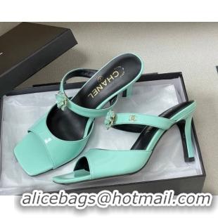 Charming Chanel Patent Calfskin Leather Heel Slides Sandal 7.5cm with Camellia CH030613 Green 2026