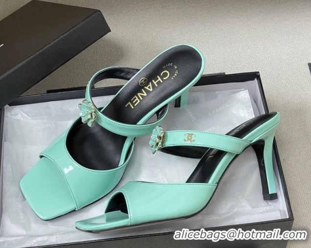 Charming Chanel Patent Calfskin Leather Heel Slides Sandal 7.5cm with Camellia CH030613 Green 2026