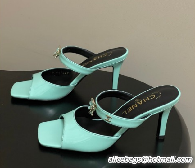 Charming Chanel Patent Calfskin Leather Heel Slides Sandal 7.5cm with Camellia CH030613 Green 2026