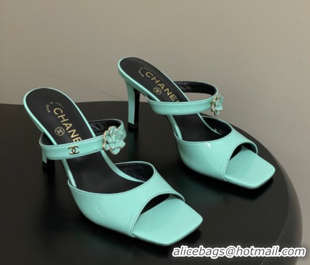 Charming Chanel Patent Calfskin Leather Heel Slides Sandal 7.5cm with Camellia CH030613 Green 2026