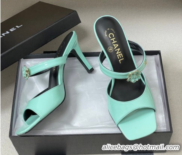 Charming Chanel Patent Calfskin Leather Heel Slides Sandal 7.5cm with Camellia CH030613 Green 2026