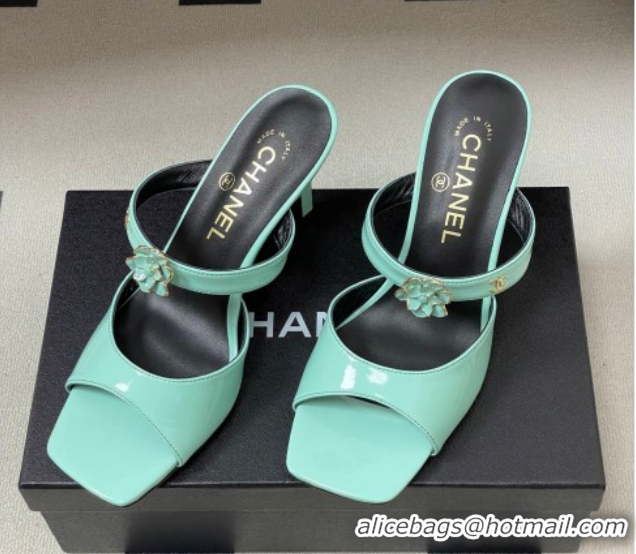 Charming Chanel Patent Calfskin Leather Heel Slides Sandal 7.5cm with Camellia CH030613 Green 2026