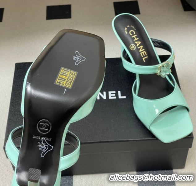 Charming Chanel Patent Calfskin Leather Heel Slides Sandal 7.5cm with Camellia CH030613 Green 2026