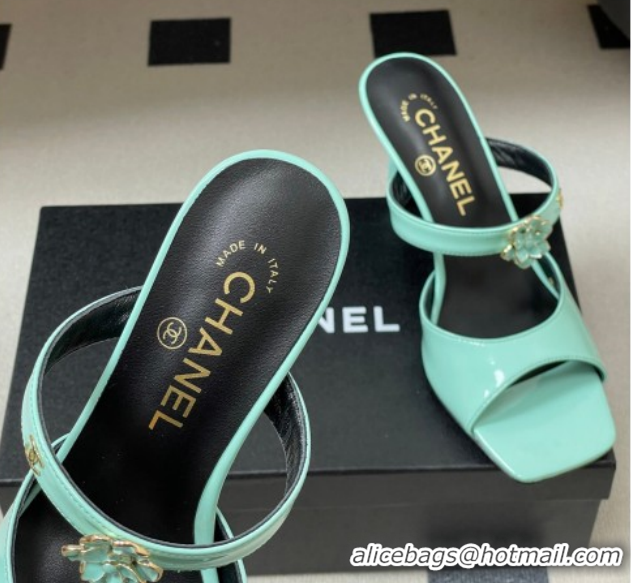 Charming Chanel Patent Calfskin Leather Heel Slides Sandal 7.5cm with Camellia CH030613 Green 2026