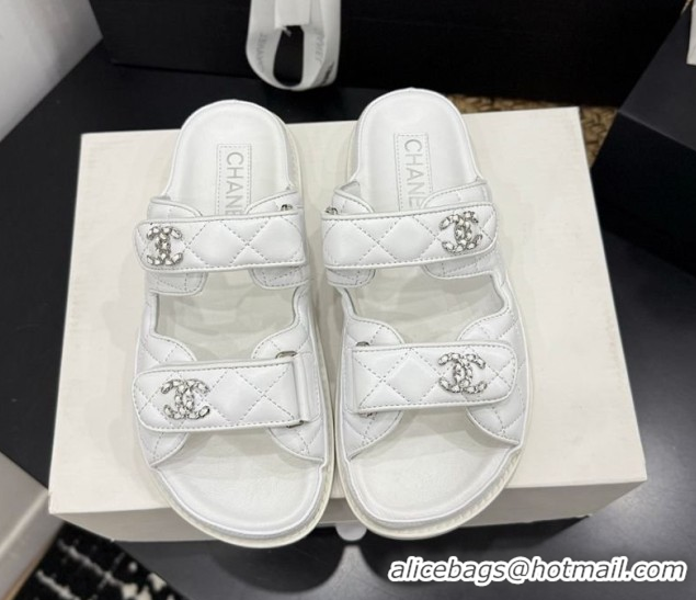 Sophisticated Chanel Lambskin Leather Strap Flat Slides Sandal with Chain CC CH030614 White 2026