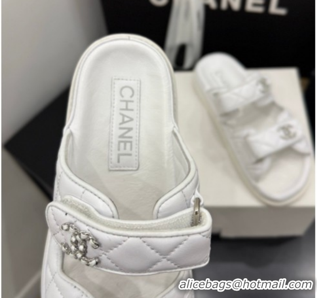 Sophisticated Chanel Lambskin Leather Strap Flat Slides Sandal with Chain CC CH030614 White 2026
