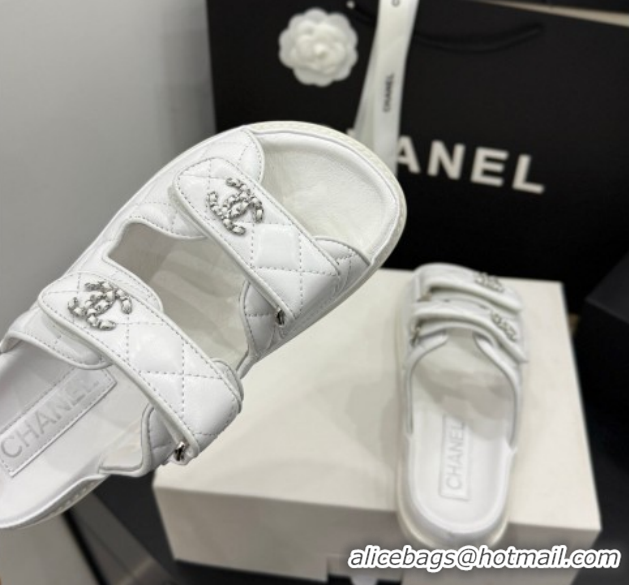 Sophisticated Chanel Lambskin Leather Strap Flat Slides Sandal with Chain CC CH030614 White 2026