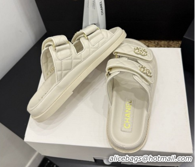 Stylish Chanel Lambskin Leather Strap Flat Slides Sandal with Chain CC CH030614 Ivory 2026