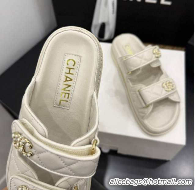 Stylish Chanel Lambskin Leather Strap Flat Slides Sandal with Chain CC CH030614 Ivory 2026