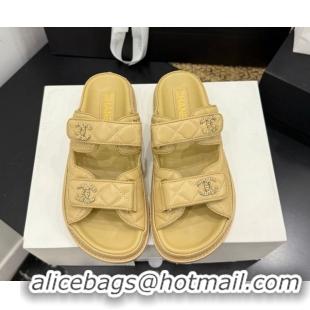 Duplicate Chanel Lambskin Leather Strap Flat Slides Sandal with Chain CC CH030614 Beige 2026