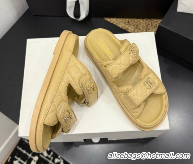 Duplicate Chanel Lambskin Leather Strap Flat Slides Sandal with Chain CC CH030614 Beige 2026