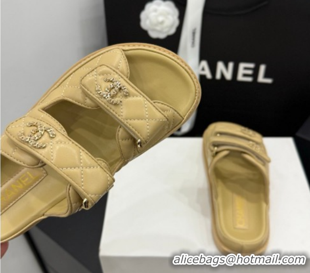 Duplicate Chanel Lambskin Leather Strap Flat Slides Sandal with Chain CC CH030614 Beige 2026
