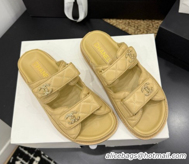Duplicate Chanel Lambskin Leather Strap Flat Slides Sandal with Chain CC CH030614 Beige 2026