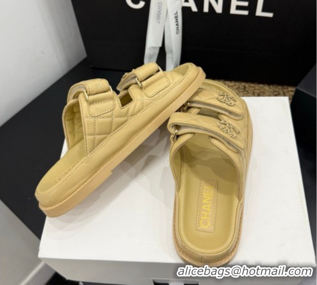 Duplicate Chanel Lambskin Leather Strap Flat Slides Sandal with Chain CC CH030614 Beige 2026