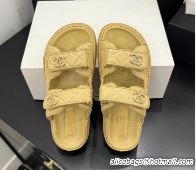 Duplicate Chanel Lambskin Leather Strap Flat Slides Sandal with Chain CC CH030614 Beige 2026