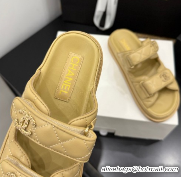 Duplicate Chanel Lambskin Leather Strap Flat Slides Sandal with Chain CC CH030614 Beige 2026