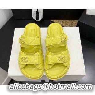 Trendy Design Chanel Lambskin Leather Strap Flat Slides Sandal with Chain CC CH030614 Yellow 2 2026