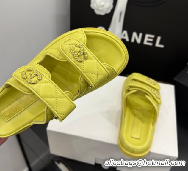 Trendy Design Chanel Lambskin Leather Strap Flat Slides Sandal with Chain CC CH030614 Yellow 2 2026
