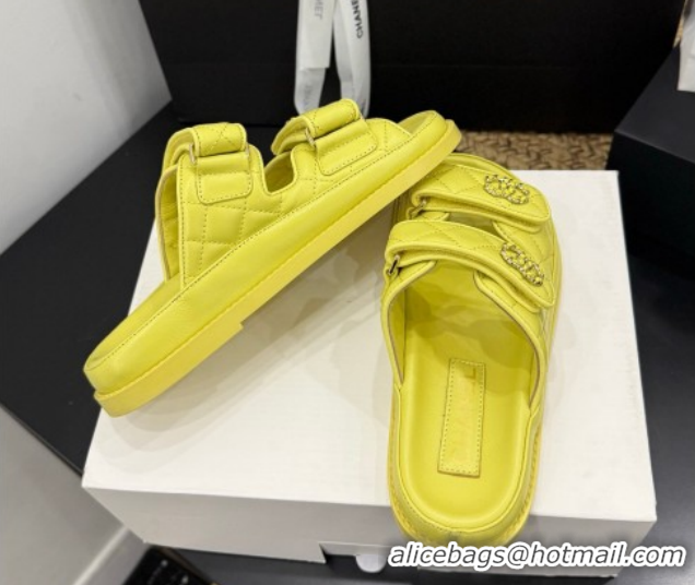 Trendy Design Chanel Lambskin Leather Strap Flat Slides Sandal with Chain CC CH030614 Yellow 2 2026