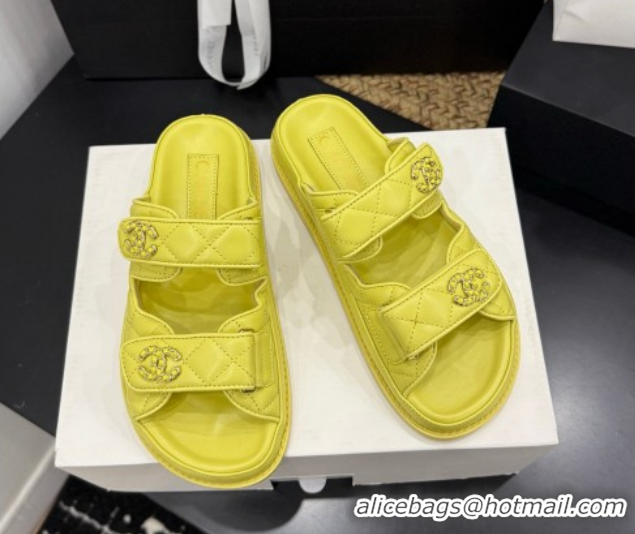 Trendy Design Chanel Lambskin Leather Strap Flat Slides Sandal with Chain CC CH030614 Yellow 2 2026