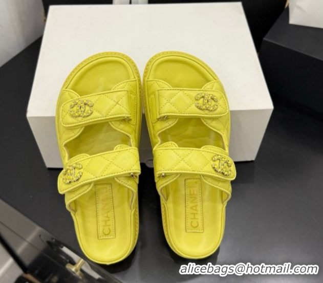 Trendy Design Chanel Lambskin Leather Strap Flat Slides Sandal with Chain CC CH030614 Yellow 2 2026