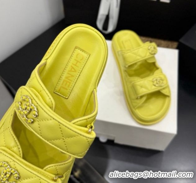 Trendy Design Chanel Lambskin Leather Strap Flat Slides Sandal with Chain CC CH030614 Yellow 2 2026