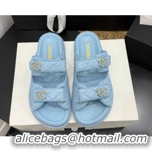 Good Product Chanel Lambskin Leather Strap Flat Slides Sandal with Chain CC CH030614 Light Blue 2026