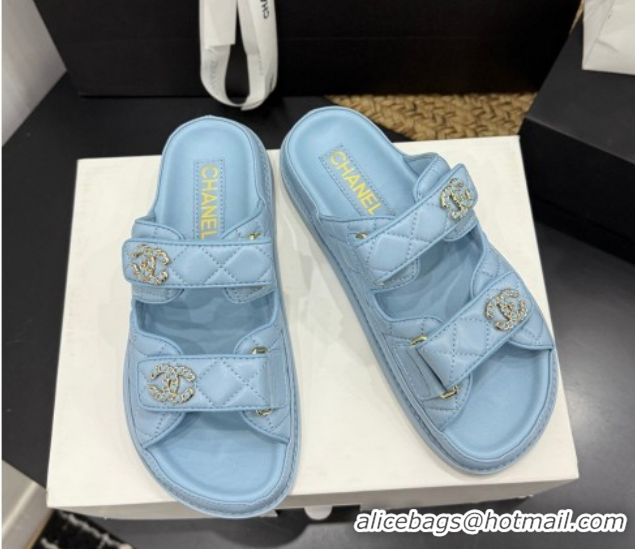 Good Product Chanel Lambskin Leather Strap Flat Slides Sandal with Chain CC CH030614 Light Blue 2026