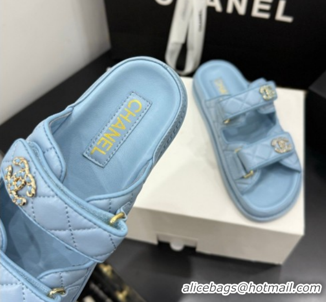 Good Product Chanel Lambskin Leather Strap Flat Slides Sandal with Chain CC CH030614 Light Blue 2026