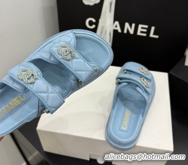 Good Product Chanel Lambskin Leather Strap Flat Slides Sandal with Chain CC CH030614 Light Blue 2026