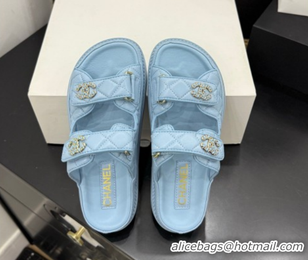 Good Product Chanel Lambskin Leather Strap Flat Slides Sandal with Chain CC CH030614 Light Blue 2026