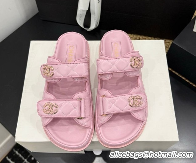 Hot Style Chanel Lambskin Leather Strap Flat Slides Sandal with Chain CC CH030614 Light Pink 2026